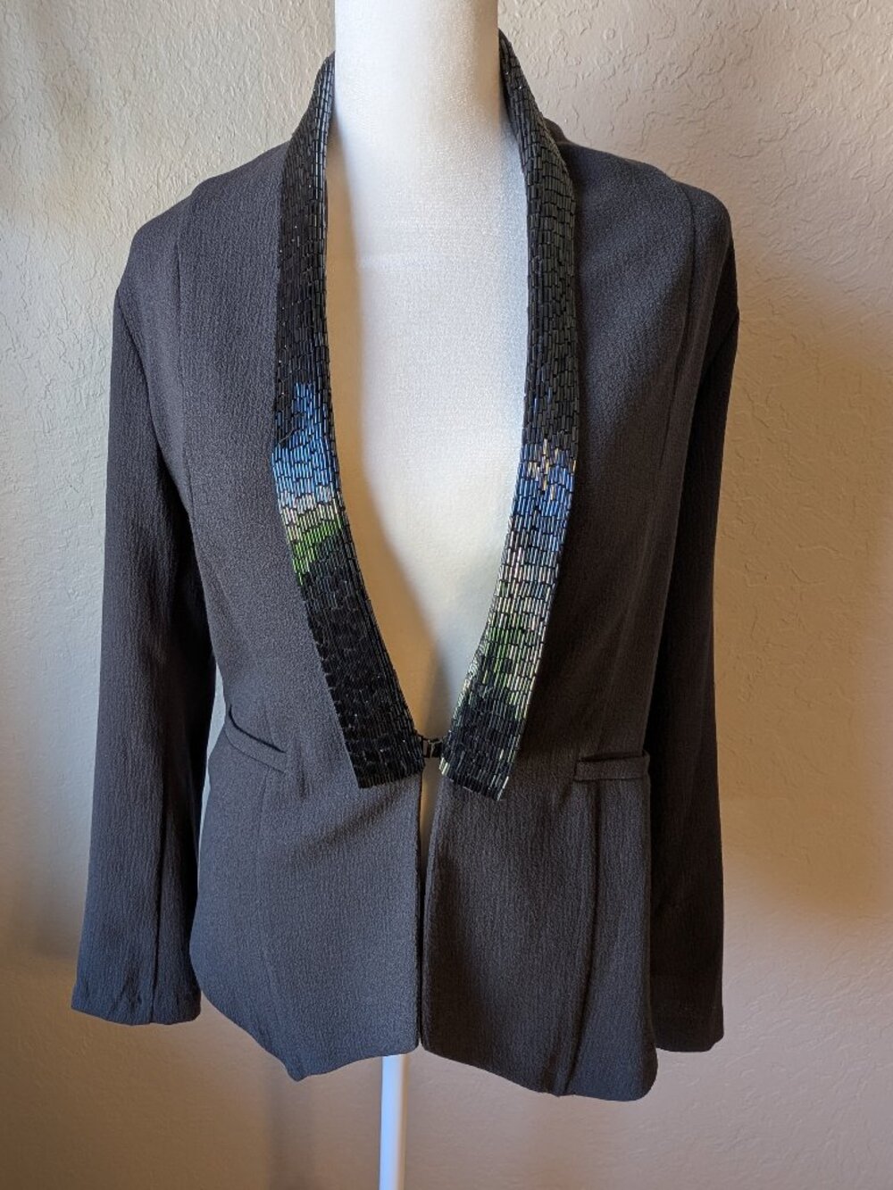 Sophie Rue Charcoal Gray Beaded Lapel Blazer – Small
